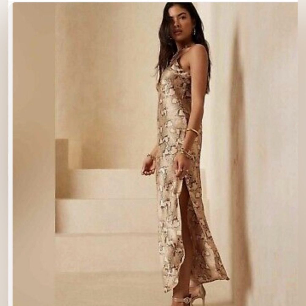 Banana Republic Cream and Tan silk snake skin print Maxi Dress size XL-Tall - Picture 4 of 11